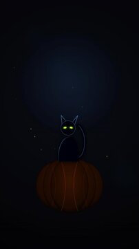 Black Cat Silhouette with Glowing Eyes Sitting on a Pumpkin in Moonlight
