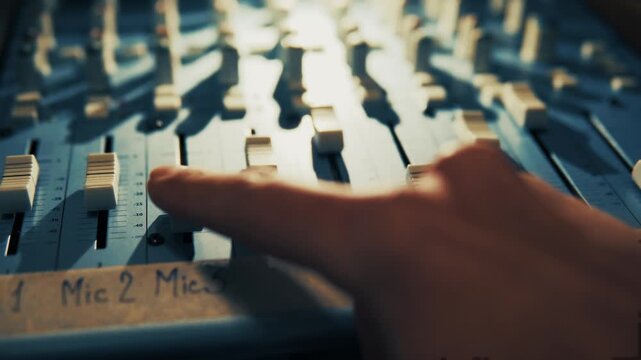 Sound Engineer Hand Adjusting Faders On Audio Mixing Console Desk