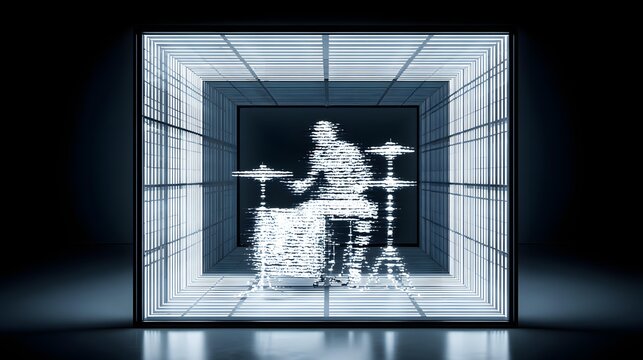 performing inside a transparent arena surrounded by rhythmic light pulses and holographic effects, highly detailed action scene