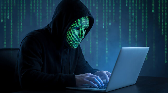 Anonymous hacker typing on laptop with binary code background digital security and cybercrime concept
