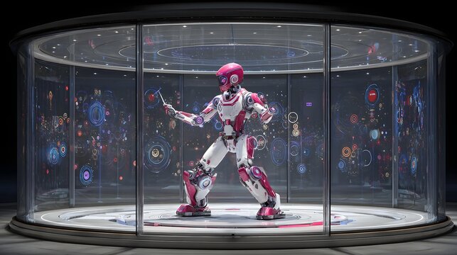 performing inside a transparent arena surrounded by rhythmic light pulses and holographic effects, highly detailed action scene