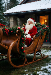 Fototapeta premium Christmas holiday spirit and festive cheer, Santa Claus in a decorated sleigh with snow on the ground