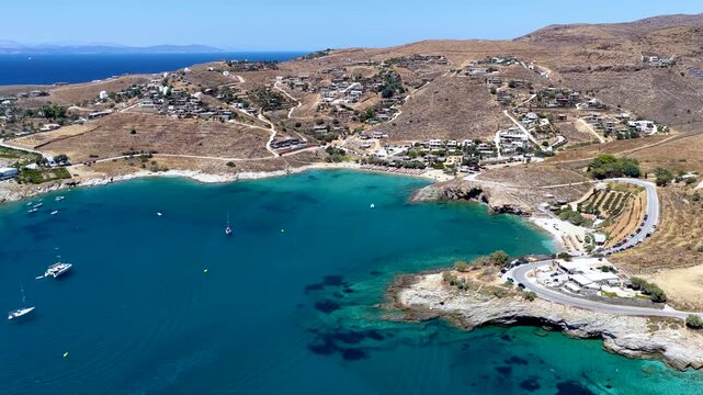 Aerial view of the popular bay of Koundouros at Kea, Tzia island, Greece, with blue sea, fine, sandy beaches and exclusive villas and resorts
