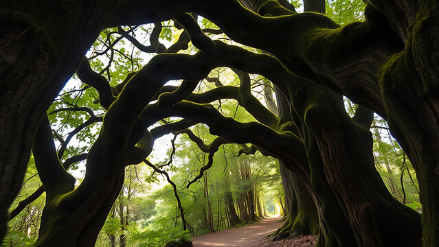 Natural archway of mossy tree branches in sunlit forest.