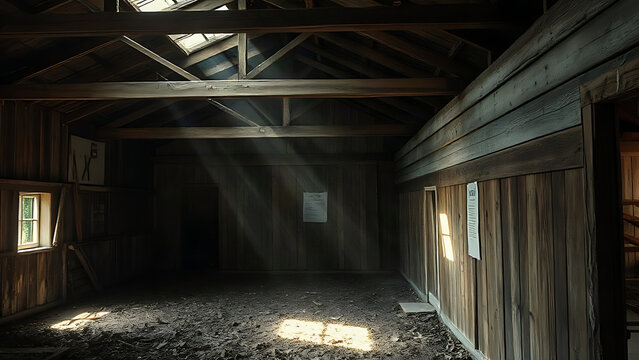 Empty abandoned barn interior with dust motes in sunbeams.