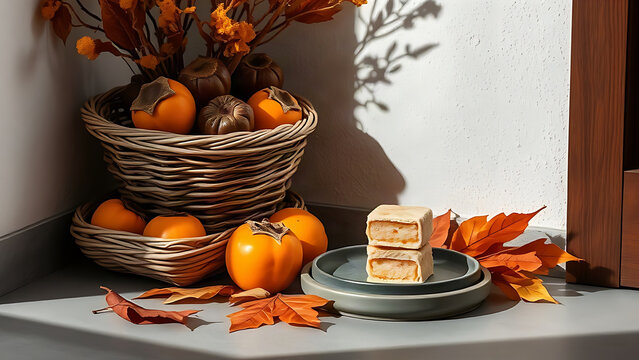 Entryway basket with persimmons and chestnuts, rice cake pieces on ceramic plate, dried autumn leaves, textured wall