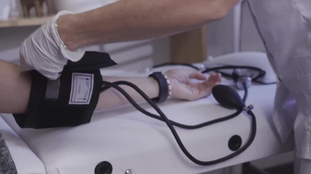 Gloved hand securing blood pressure cuff on patient arm