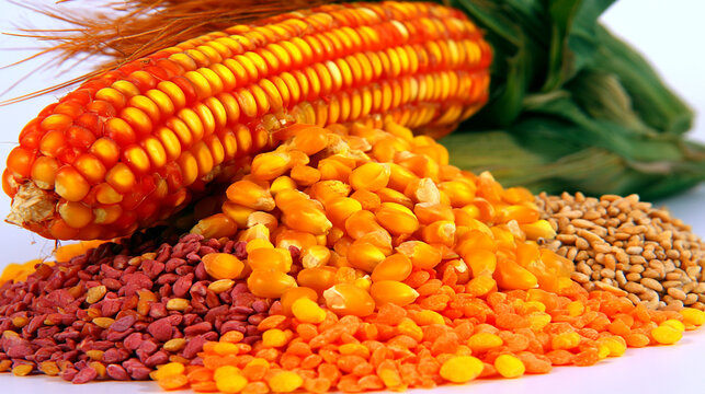 Fresh corn cob and pile of yellow corn grains with seeds and cereal background