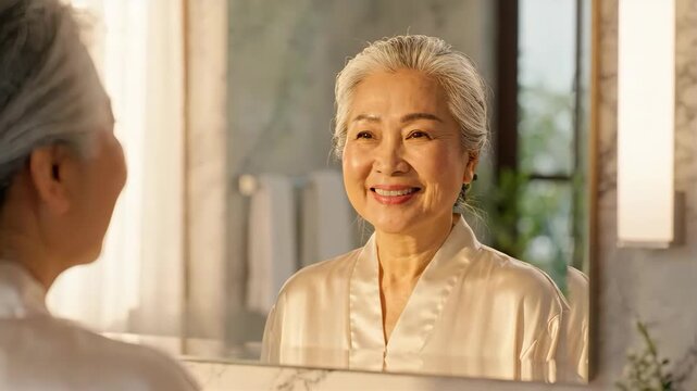 Senior Asian woman smiling at her reflection in a bathroom mirror. Mature female in a silk robe enjoying her morning skincare routine. Positive aging and self-care concept
