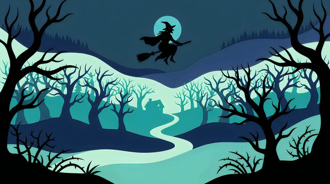 Silhouette of a witch flying on a broomstick over a dark forest at night with a full moon isolated on transparent background, Vector