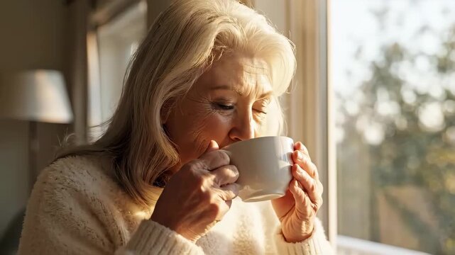 Smiling senior woman drinking coffee by a sunny window. Happy mature lady enjoying a hot beverage at home. Comfortable retirement lifestyle concept