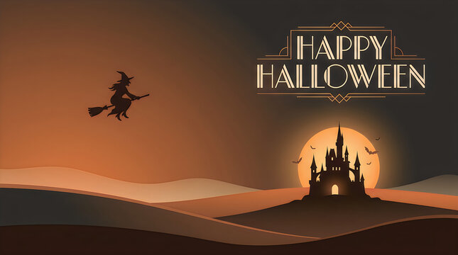 Witch flying on a broomstick in front of a spooky castle during a dark halloween night isolated on transparent background, Vector