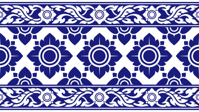 Thai Porcelain Blue And White Seamless Pattern Traditional Floral Ceramic Border