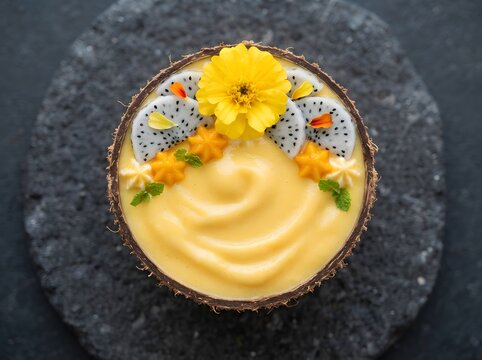 Tropical yellow smoothie bowl served inside a coconut shell with edible flower