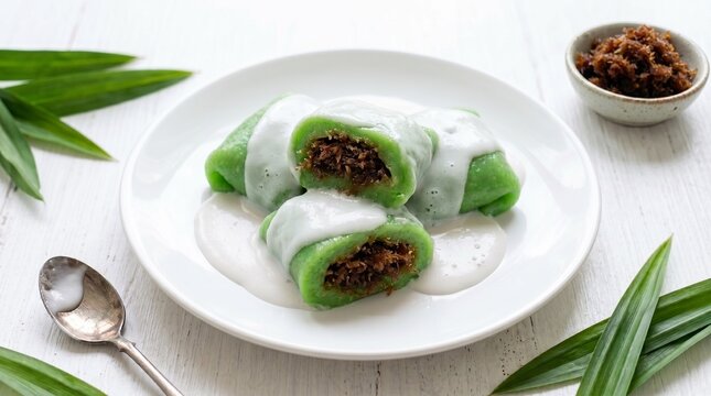 Indonesian dadar gulung pandan crepe rolls filled with sweet palm sugar coconut, served with white coconut milk sauce, fresh pandan leaves, and unti kelapa.