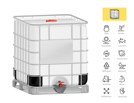 IBC tote tank 1000L, HDPE plastic industrial container mockup with feature  icon set for packaging and logistics catalogs. 3D hight realistic vector illustration isolated on white background. EPS10.