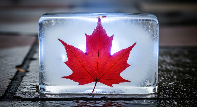 Close-up of red canadian flag on a maple leaf