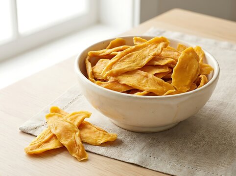 A bowl of tasty dried mango slices on a table for a healthy snack. dried mango flakes