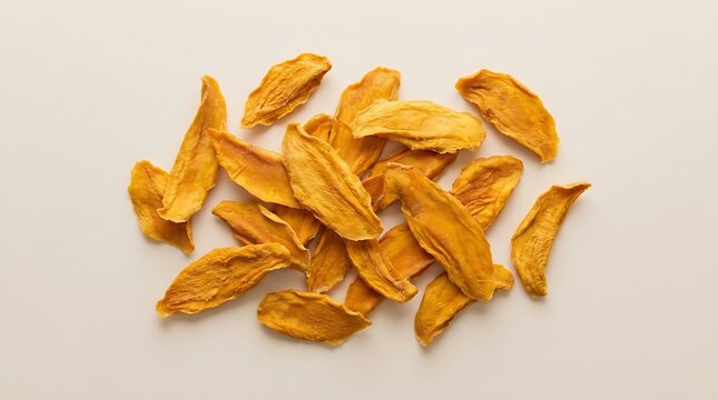 A pile of sweet dried mango slices isolated on a neutral surface. dried mango flakes