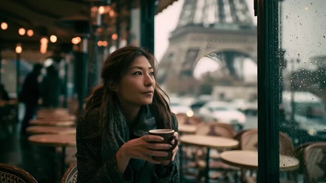 Paris, France, Europe. A moody, atmospheric portrait of a woman seated in an outdoor cafe, gazing out a window at the Eiffel Tower. She holds a cup of coffee, her gaze directed away from the camera.