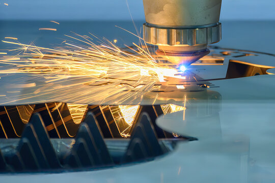 Close up of laser beam and splashing light at nozzle tip of fiber laser cutting machine