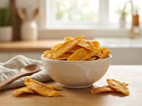 Bowl of dried mango slices on a wooden kitchen table in a bright sunny home kitchen. dried mango flakes