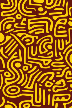 Abstract Yellow Line Doodle Pattern on Maroon Background Keith Haring Style Graphic Art
