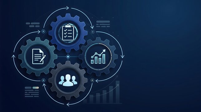 Business process workflow with gears and icons