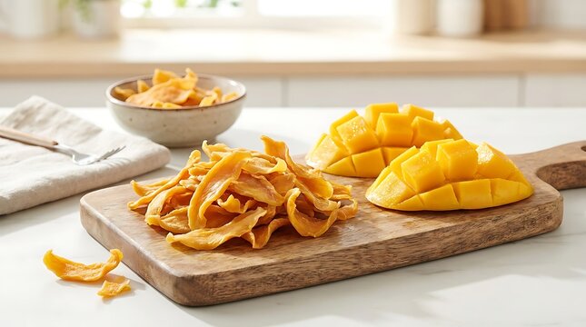 Fresh sliced mango fruit pieces and dried mango strips on a wooden cutting board in the kitchen. dried mango flakes