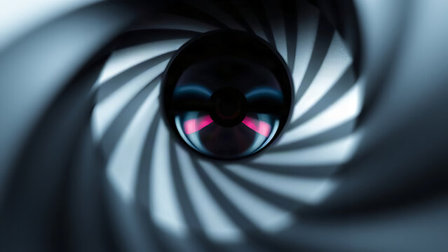 Extreme macro close-up of mechanical aperture blades forming a geometric shape with a central circle.