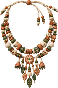 Ultra Realistic Handmade Clay Bead Necklace with Earthy Colors and Artisan Threadwork Isolated on Transparent Background PNG 16K