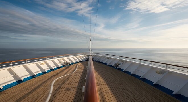 Cruise Ship Deck View with Blue Sky and Ocean Horizon