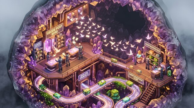 Futuristic isometric post office built inside a giant purple amethyst geode with floating glowing mail birds