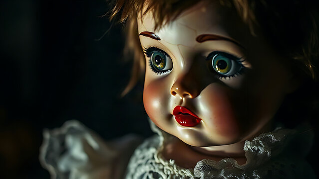 Vintage porcelain doll with cracked face and cobwebs, Halloween horror and fear concept.