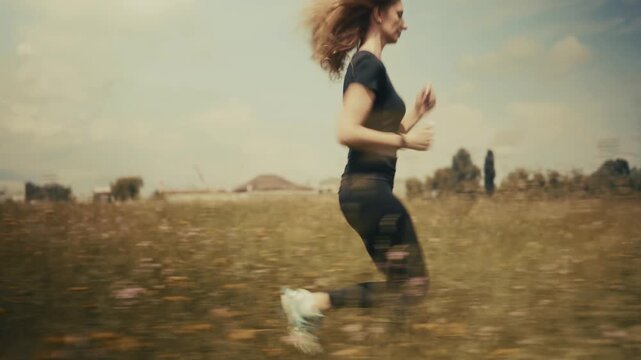Runner Jogging In Field. Outdoor Workout Cardio Exercise Training 