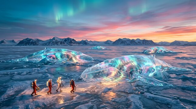Astronauts walking on frozen arctic landscape with giant iridescent translucent whales under beautiful aurora borealis polar sky