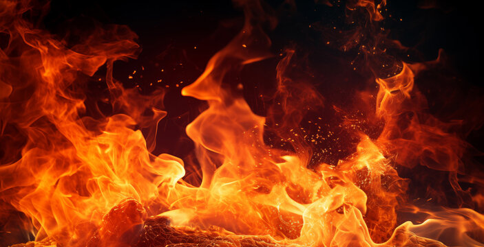 Fire flames on black background. Blaze fire flame background and textured