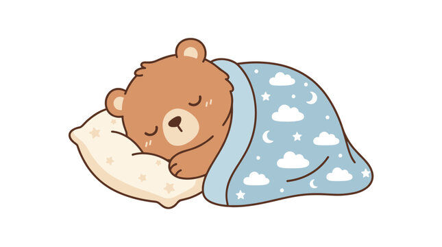 Sleeping Bear Cub: A cute, cartoon-style bear cub is sound asleep, snuggled under a cozy blue blanket adorned with stars and moons, resting peacefully on a soft pillow.
