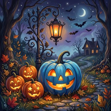 Spooky halloween night scene with jack o lanterns and glowing street lamp