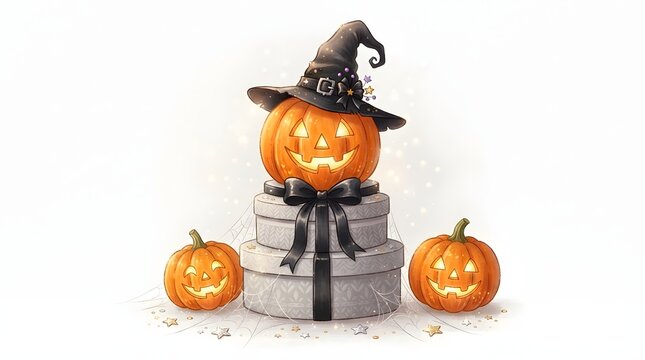 Festive halloween scarecrow with jack o lantern head and glowing pumpkins with gift box