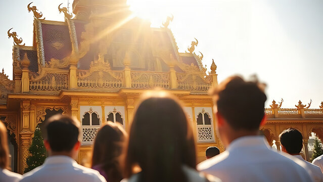 The ornate golden roof of a temple gleaming under sunlight, with blurred figures in white in foreground.
