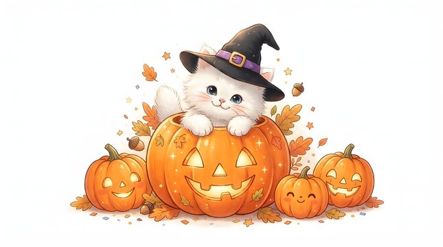 Adorable white kitten wearing witch hat surrounded by glowing jack o lanterns
