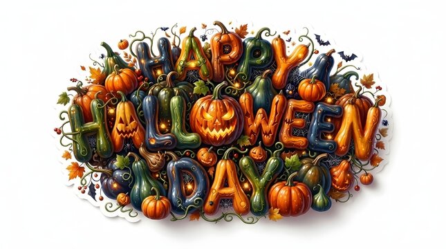 Happy halloween text made of pumpkins and autumn fall decorations