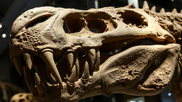 Close-up of a fossilized dinosaur jawbone with large, jagged teeth.