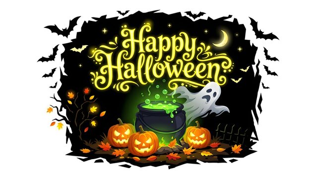 Festive happy halloween design with pumpkins bats and a ghostly apparition