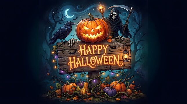 Spooky halloween night scene with jack o lantern and haunted house