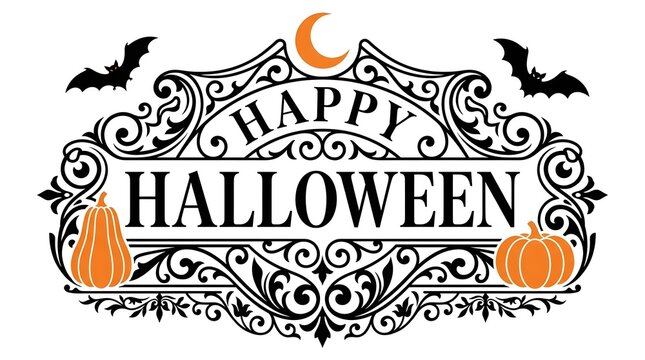 Vintage ornate happy halloween greeting card design with pumpkins bats and a crescent moon on white background