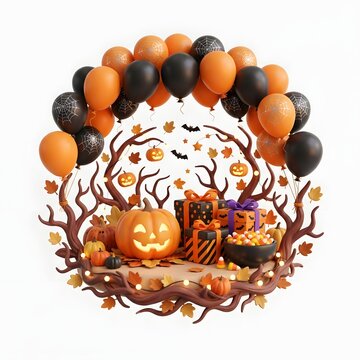 Halloween wreath with balloons candy pumpkin and spooky branch decorations