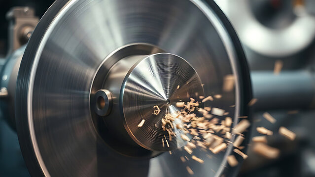 A spinning silver wheel with flying metal shavings, dynamic motion and metallic reflections.