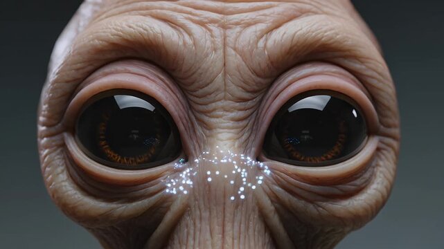 Alien, extraterrestrial and face with large eyes and wrinkled skin for sci-fi movie, fantasy character and cinematic film. Martian monster, creature and space being for mystery, ufo and horror art